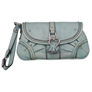 Juicy Couture Leather Clutch Bag Blue Y2K Vintage Baguette Glam Wristlet Mini